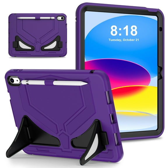 ELEHOLD Rugged Case for iPad 10th Gen 10.9" 2022,Kids Case with Hidden Kicktand Pencil Holder Silicone Shockproof Case for iPad 10.9 inch,Purple/Black