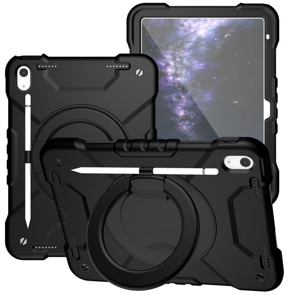 ELEHOLD Rugged Case for iPad 10th Gen 10.9 inch 2022,Three-Layer Protection PC+Silicone Case with 360° Rotatable Folding Handle Grip Kickstand Shoulder Strap Pencil Holder Shockproof Case,Black