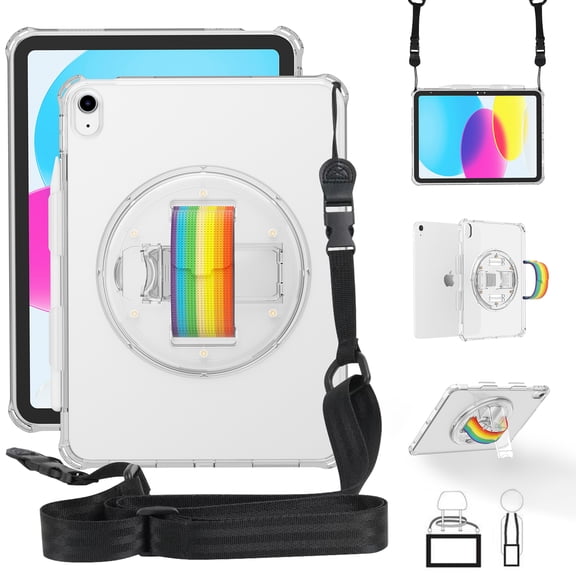 ELEHOLD Rugged Case for iPad 10th Generation 10.9 Inch Case, Glitter Clear Slim Shockproof Cute Cover with 360 degree Rotating Handstrap Functional Kickstand Crossbody Shoulder Strap,Clear