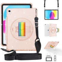 ELEHOLD Rugged Case for iPad 10th Generation 10.9 Inch Case, Glitter Clear Slim Shockproof Cute Cover with 360 degree Rotating Handstrap Functional Kickstand Crossbody Shoulder Strap,Glitter Gold
