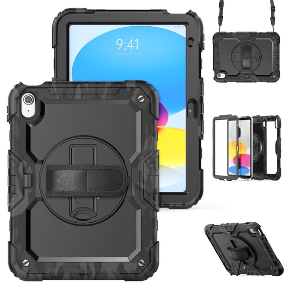 ELEHOLD Rugged Case for iPad 11th(A16) 2025/10th 2022, 360° Rotating Kickstand Hand Shoulder Strap Pencil Holder Built-in Screen Protector Full-Body Shockproof Protective Cover,Black