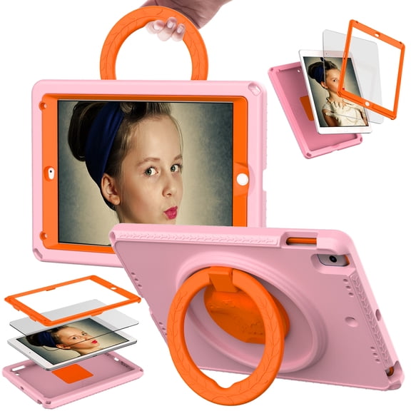 ELEHOLD Rugged Case for iPad 6th/5th Gen/Pro 9.7" (2018/2017/2016) with 360° Rotatable Folding Handle Grip Kickstand Function Shockproof Protective Washable Case ,Pink