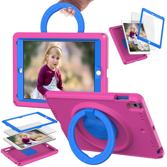 ELEHOLD Rugged Case for iPad 6th/5th Generation /Pro 9.7inch (2018/2017/2016) with 360° Rotatable Handle Grip Kickstand Built-in Screen Protector Crossbody Shoulder Strap Washable Shockproof Case,Rose