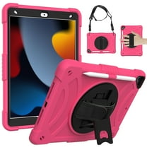 ELEHOLD Rugged Case for iPad 9th/8th/7th 10.2" 2021/2020/2019, Dual-Layer Heavy Duty Shockproof Case with 360° Rotatable Foldable Kickstand Handstrap Crossbody Shoulder Strap Pencil Holder,Rose