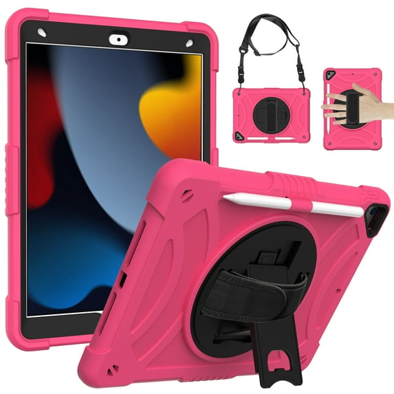 ELEHOLD Rugged Case for iPad 9th/8th/7th 10.2" 2021/2020/2019, Dual-Layer Heavy Duty Shockproof Case with 360° Rotatable Foldable Kickstand Handstrap Crossbody Shoulder Strap Pencil Holder,Rose
