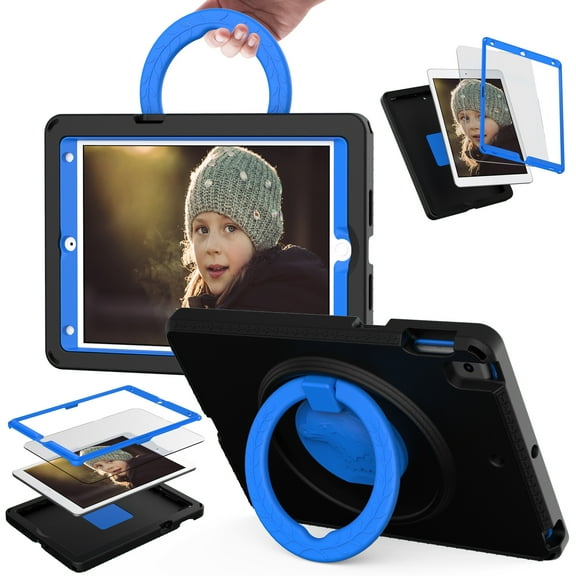 ELEHOLD Rugged Case for iPad 9th/8th/7th Gen 10.2" with 360° Rotatable Folding Handle Grip Kickstand Function Shockproof Protective Washable Case for iPad 10.2 (2021/2020/2019) ,Black
