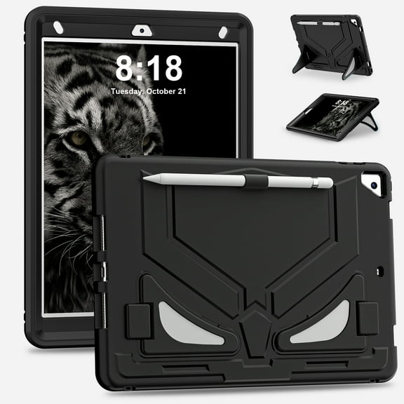 ELEHOLD Rugged Case for iPad 9th 8th 7th Generation 10.2" 2021/2020/2019,Kids Case with Hidden Kicktand Pencil Holder Silicone Shockproof Case for iPad 10.2 inch,Black