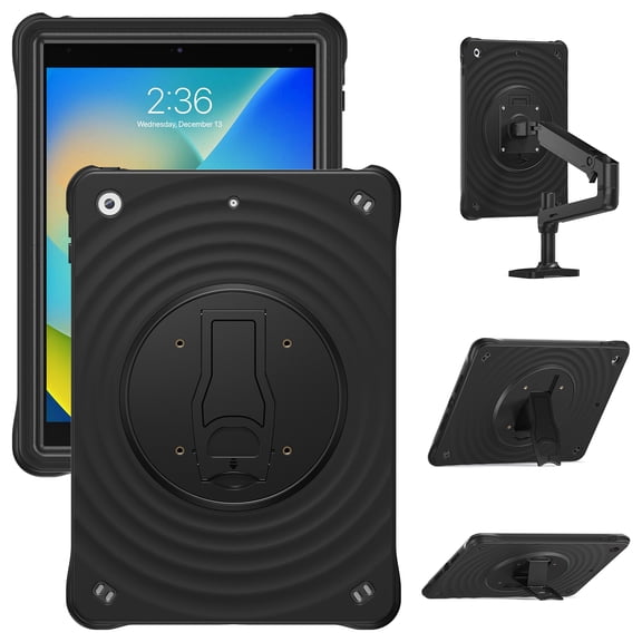 ELEHOLD Rugged Case for iPad 9th/8th/7th Generation, VESA Mount Compatible , 3-Layer Heavy Duty Shockproof Cover Kickstand Full-Body 3-Layer Shell With Strap for Kids, Work & Travel,Black
