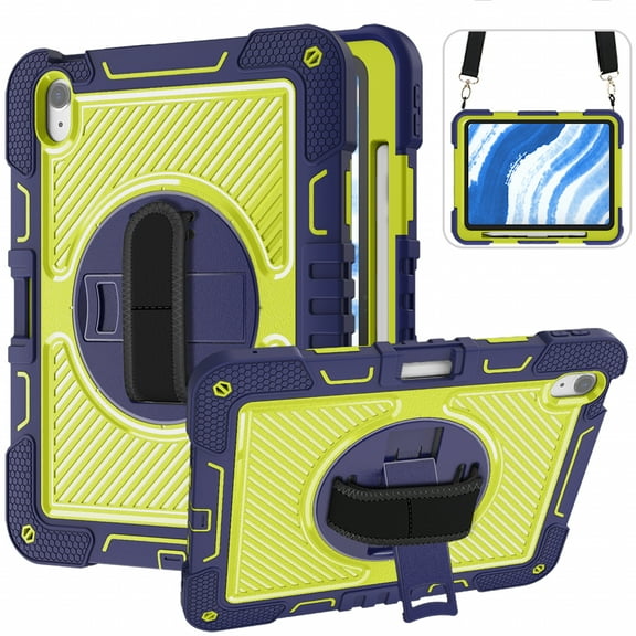 ELEHOLD Rugged Case for iPad Air 11 inch 2024/iPad Air 4th 5th Gen 3-Layer Hybrid Muti-Functional Case with 360° Rotating Kickstand Handstrap Crossbody Shoulder Strap Shockproof Case, Navy + Green