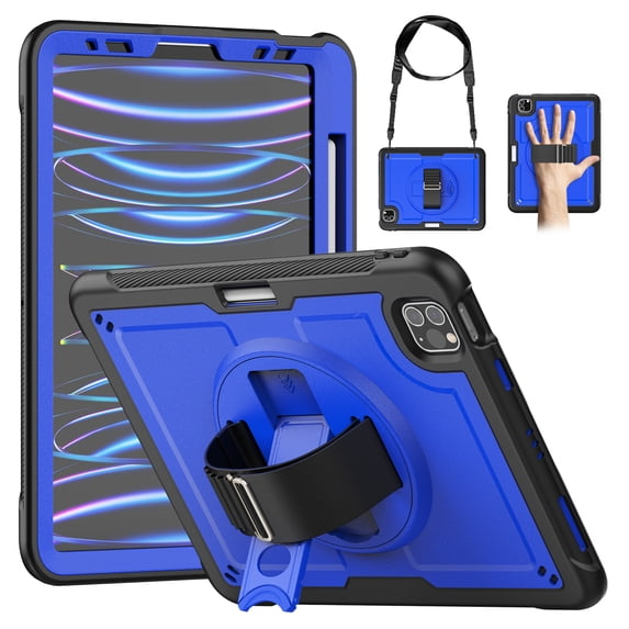 ELEHOLD Rugged Case For iPad Air 11-inch M3 (2025) / M2 (2024),360 Rotating Stand Hand Strap Shoulder Strap Pencil Holder Full-Body Heavy Duty Shockproof Protective Case,Darkblue