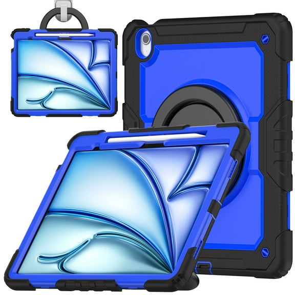 ELEHOLD Rugged Case for iPad Air 11-inch M3 (2025) / M2 (2024) Three-Layer Protection with Screen Protector Portable Folding Handle Grip 360° Rotating Kickstand Bracket Shockproof Cover,A