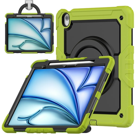ELEHOLD Rugged Case for iPad Air 11-inch M3 (2025) / M2 (2024) Three-Layer Protection with Screen Protector Portable Folding Handle Grip 360° Rotating Kickstand Bracket Shockproof Cover,Green