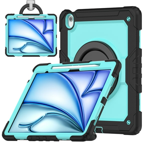 ELEHOLD Rugged Case for iPad Air 11-inch M3 (2025) / M2 (2024) Three-Layer Protection with Screen Protector Portable Folding Handle Grip 360° Rotating Kickstand Bracket Shockproof Cover,C