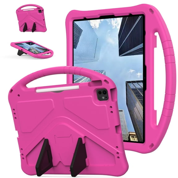ELEHOLD Rugged Case for iPad Air 13 inch 2024,iPad Pro 13 inch 2024,iPad Pro 12.9 inch (2022/2021/2020/2018),Kids Friendly EVA Protective Kickstand Handle Grip Shockproof Anti-Scratch Case,Rose