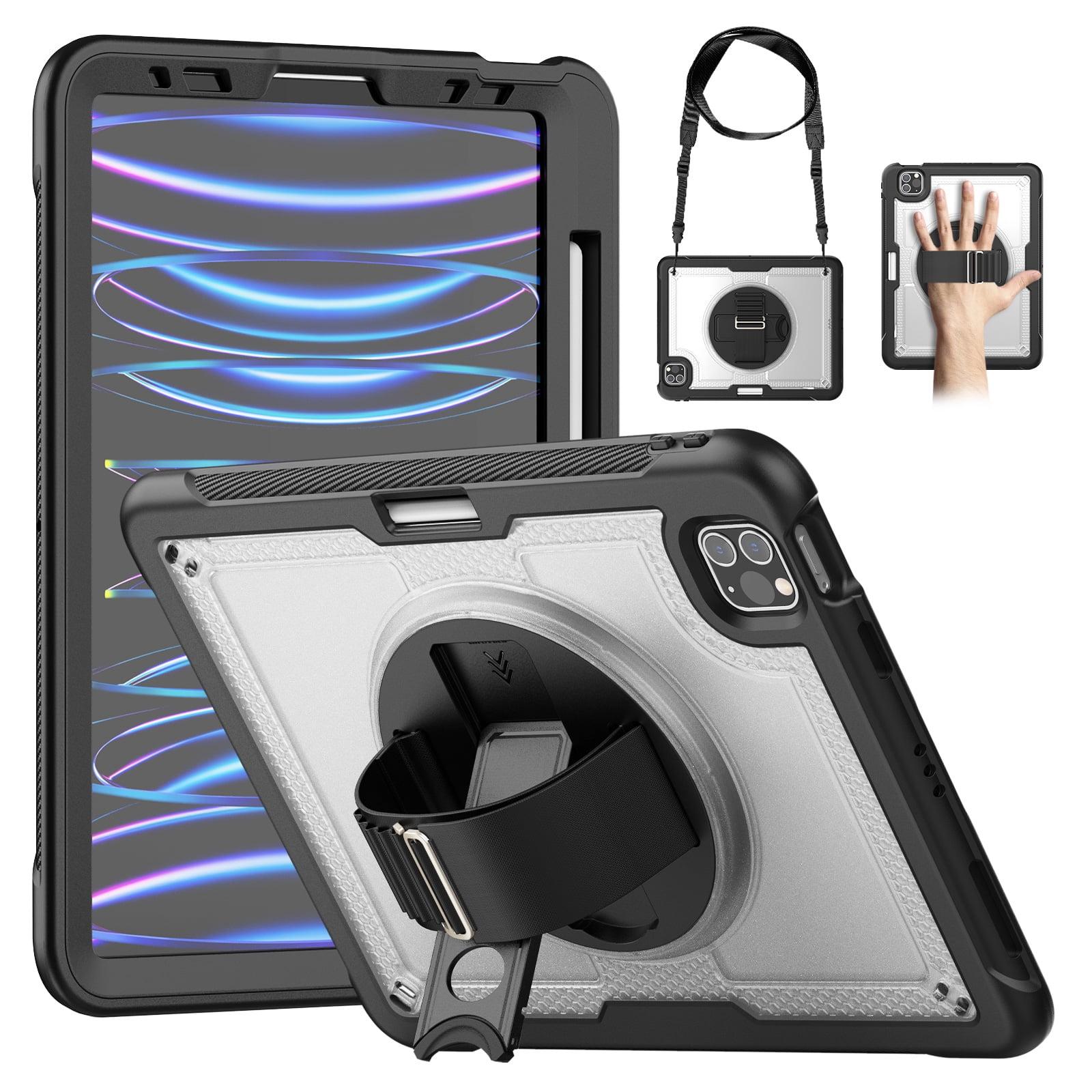 ELEHOLD Rugged Case For iPad Air 13-inch M3 (2025) / M2 (2024),360 Rotating Stand Hand Strap Shoulder Strap Pencil Holder Full-Body Heavy Duty Shockproof Protective Case,Clear
