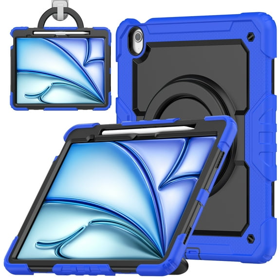 ELEHOLD Rugged Case for iPad Air 13-inch M3 (2025) / M2 (2024) Three-Layer Protection with Screen Protector Portable Folding Handle Grip 360° Rotating Kickstand Bracket Shockproof Cover,Blue