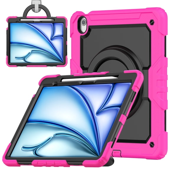 ELEHOLD Rugged Case for iPad Air 13-inch M3 (2025) / M2 (2024) Three-Layer Protection with Screen Protector Portable Folding Handle Grip 360° Rotating Kickstand Bracket Shockproof Cover,Rose
