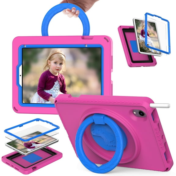 ELEHOLD Rugged Case for iPad Mini 6 2021 with 360° Rotatable Folding Handle Grip Kickstand Built-in Screen Protector Crossbody Shoulder Strap Washable Shockproof Mini 6 Case,Rose
