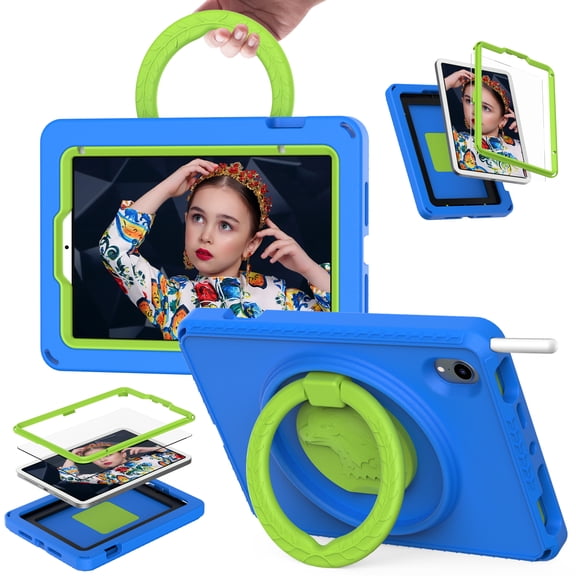 ELEHOLD Rugged Case for iPad Mini 6 2021 with 360° Rotatable Folding Handle Grip Kickstand Built-in Screen Protector Crossbody Shoulder Strap Washable Shockproof Mini 6 Case,,Blue
