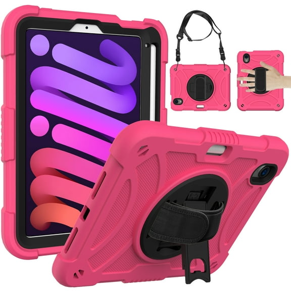 ELEHOLD Rugged Case for iPad Mini 6th Generation 2021, Dual-Layer Heavy Duty Shockproof Case with 360° Rotatable Foldable Kickstand Handstrap Crossbody Shoulder Strap Pencil Holder,Rose