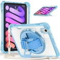 thumbnail image 1 of ELEHOLD Rugged Case For iPad Mini 7th 6th Generation, Full Protection Transparent 360° Rotating Stand Cover, with Silicone Wrist Strap, Shoulder Strap, Lightblue, 1 of 11