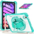 thumbnail image 1 of ELEHOLD Rugged Case For iPad Mini 7th 6th Generation, Full Protection Transparent 360° Rotating Stand Cover, with Silicone Wrist Strap, Shoulder Strap, Lightgreen, 1 of 10