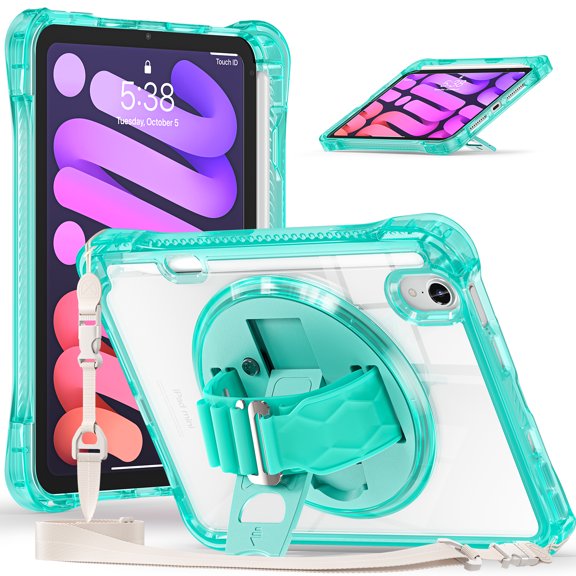 ELEHOLD Rugged Case For iPad Mini 7th 6th Generation, Full Protection Transparent 360° Rotating Stand Cover, with Silicone Wrist Strap, Shoulder Strap, Lightgreen