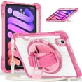 thumbnail image 1 of ELEHOLD Rugged Case For iPad Mini 7th 6th Generation, Full Protection Transparent 360° Rotating Stand Cover, with Silicone Wrist Strap, Shoulder Strap, Rose, 1 of 8
