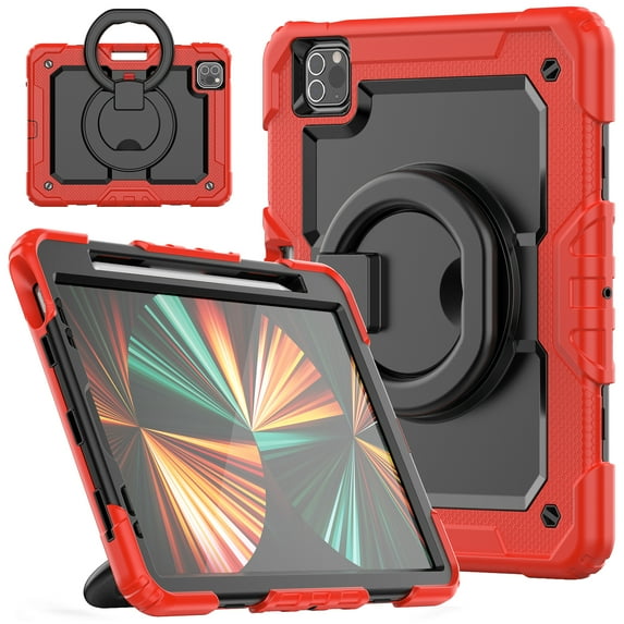 ELEHOLD Rugged Case for iPad Pro 11" 2022/2021/2020/2018 iPad Air 5/4 Full Body Protective Portable Folding Handle Grip 360° Rotating Kickstand Pencil Holder Shockproof Anti-Scratch Hybrid Cover,Red