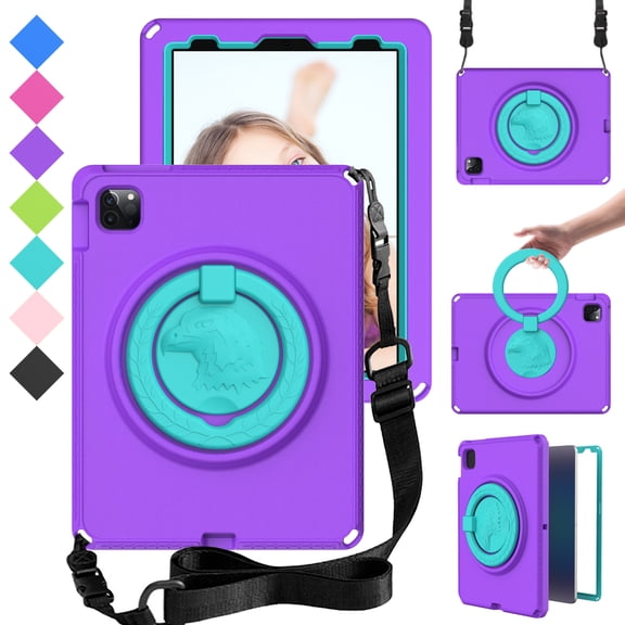 ELEHOLD Rugged Case for iPad Pro 11 2022/2021/2020/2018 Air 5/Air 4 10.9 with 360° Rotatable Folding Handle Grip Kickstand Built-in Screen Protector Crossbody Shoulder Strap Shockproof Case,Purple