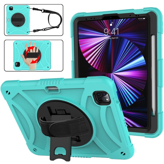 ELEHOLD Rugged Case for iPad Pro 11 2022/2021/2020/2018/Air4 /Air5, Dual-Layer Heavy Duty Shockproof Case with 360° Rotatable Foldable Kickstand Handstrap Crossbody Shoulder Strap Pencil Holder,Mint