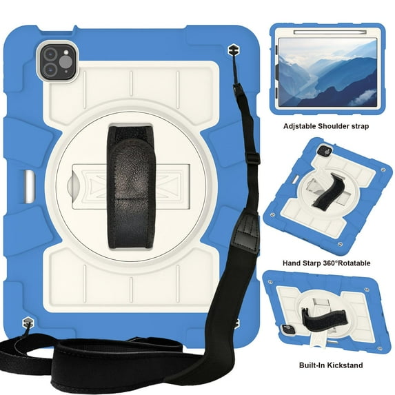 ELEHOLD Rugged Case for iPad Pro 11"(2022/2021/2020/2018) iPad Air 5/4, Heavy Duty Shockproof Cover with 360° Rotation Handstrap Kickstand Detachable Shoulder Strap Pencil Holder,Blue