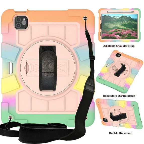ELEHOLD Rugged Case for iPad Pro 11"(2022/2021/2020/2018) iPad Air 5/4, Heavy Duty Shockproof Cover with 360° Rotation Handstrap Kickstand Detachable Shoulder Strap Pencil Holder,Rainbow Rosegold