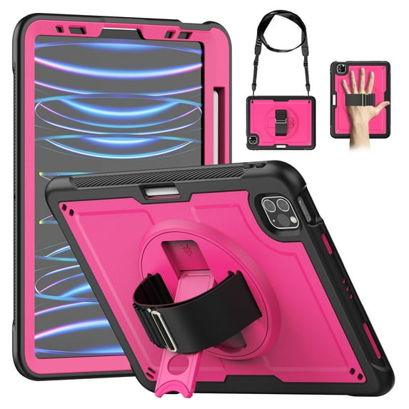 ELEHOLD Rugged Case For iPad Pro 11 Inch 2024,360 Rotating Stand Hand Strap Shoulder Strap Pencil Holder Full-Body Heavy Duty Shockproof Protective Case,Rose