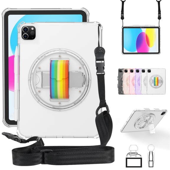 ELEHOLD Rugged Case for iPad Pro 11 Inch, iPad Air4 /Air5 10.9 Inch, Glitter Clear Slim Shockproof Cute Cover with 360 degree Rotating Handstrap Functional Kickstand Crossbody Shoulder Strap,Clear