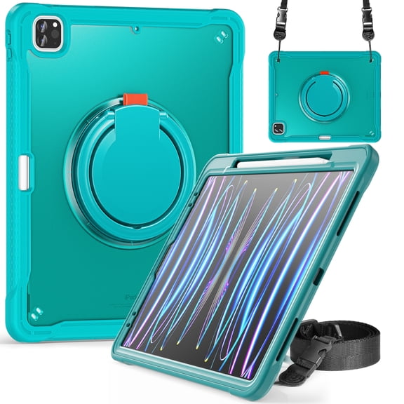 ELEHOLD Rugged Case For iPad Pro 11-inch (M5) 2025, Hybrid Shockproof 360° Rotating Stand Hand Grip Pencil Holder Protection Case With Detachable Shoulder Strap , Blue