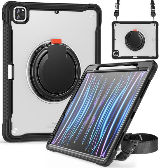 ELEHOLD Rugged Case For iPad Pro 11-inch (M5) 2025, Hybrid Shockproof 360° Rotating Stand Hand Grip Pencil Holder Protection Case With Detachable Shoulder Strap , Black