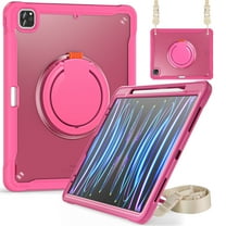 ELEHOLD Rugged Case For iPad Pro 11-inch (M5) 2025, Hybrid Shockproof 360° Rotating Stand Hand Grip Pencil Holder Protection Case With Detachable Shoulder Strap , Rose