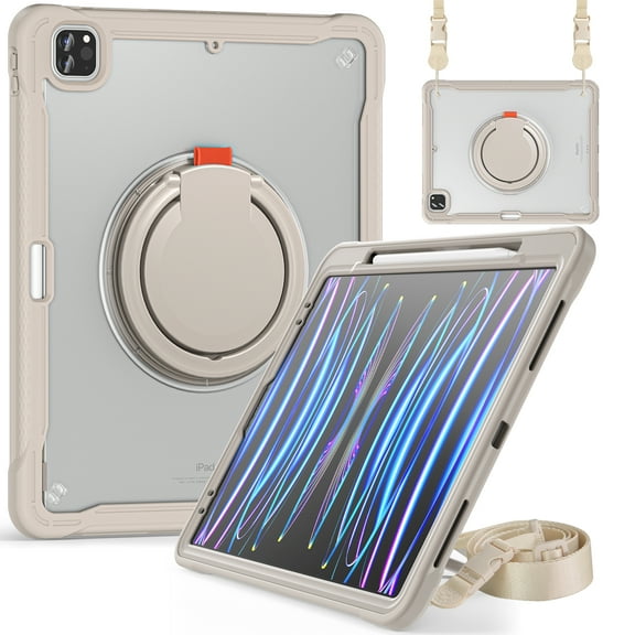 ELEHOLD Rugged Case For iPad Pro 13-inch (M5) 2025, Hybrid Shockproof 360° Rotating Stand Hand Grip Pencil Holder Protection Case With Detachable Shoulder Strap , Khaki