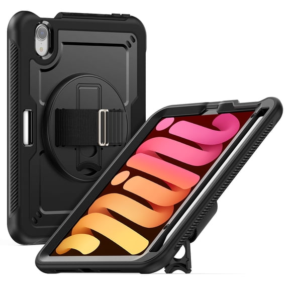 ELEHOLD Rugged Case For iPad mini6/mini7 (A17 Pro) 2024,360 Rotating Stand Hand Strap Shoulder Strap Pencil Holder Full-Body Heavy Duty Shockproof Protective Case,Black
