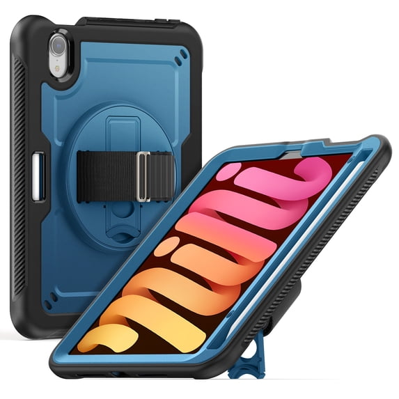 ELEHOLD Rugged Case For iPad mini6/mini7 (A17 Pro) 2024,360 Rotating Stand Hand Strap Shoulder Strap Pencil Holder Full-Body Heavy Duty Shockproof Protective Case,Navyblue