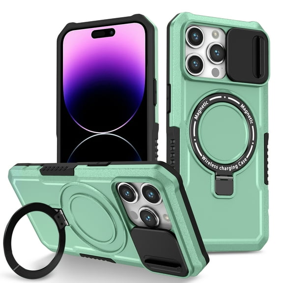 ELEHOLD Rugged Case for iPhone 11 with Sliding Camera Lens Cover Rotation Ring Holder Stand Function Compatible with MagSafe Shockproof Cover for iPhone 11,lightgreen