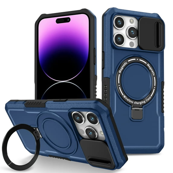 ELEHOLD Rugged Case for iPhone 11 with Sliding Camera Lens Cover Rotation Ring Holder Stand Function Compatible with MagSafe Shockproof Cover for iPhone 11,royalblue
