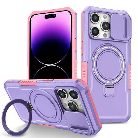 ELEHOLD Rugged Case for iPhone 12 Pro / 12 6.1" with Sliding Camera Lens Cover Rotation Ring Holder Stand Function Compatible with MagSafe Shockproof Cover for iPhone 12 Pro / 12 6.1",purple