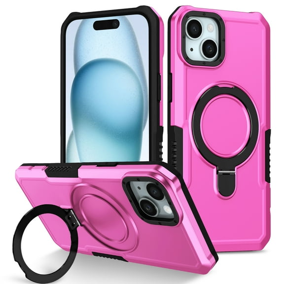 ELEHOLD Rugged Case for iPhone 13 Heavy Duty Case with Foldable Ring Holder Kickstand Function Non-Slip Military Grade Drop Protection Shockproof Cover for iPhone 13,pink