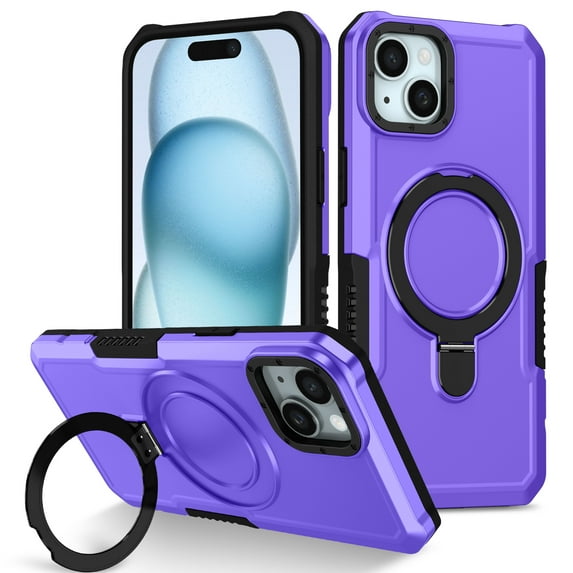 ELEHOLD Rugged Case for iPhone 13 Heavy Duty Case with Foldable Ring Holder Kickstand Function Non-Slip Military Grade Drop Protection Shockproof Cover for iPhone 13,purple