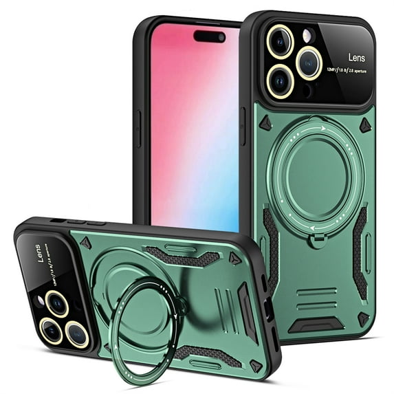 ELEHOLD Rugged Case for iPhone 13 Pro Case with 360°Rotation Ring Holder Kickstand Lens Protection Hybrid PC+TPU Military Grade Non-Slip Shockproof Protective Case,darkgreen