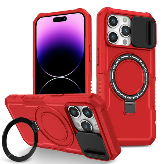 ELEHOLD Rugged Case for iPhone 13 Pro Max with Sliding Camera Lens Cover Rotation Ring Holder Stand Function Compatible with MagSafe Shockproof Cover for iPhone 13 Pro Max,red