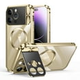thumbnail image 1 of ELEHOLD Rugged Case for iPhone 13 Pro Metal Aluminium Alloy Frame Case with Full Camera Cover Stand Clear PC Back Compatible with Magsafe Military Grade Shockproof Magnetic Case,gold, 1 of 7