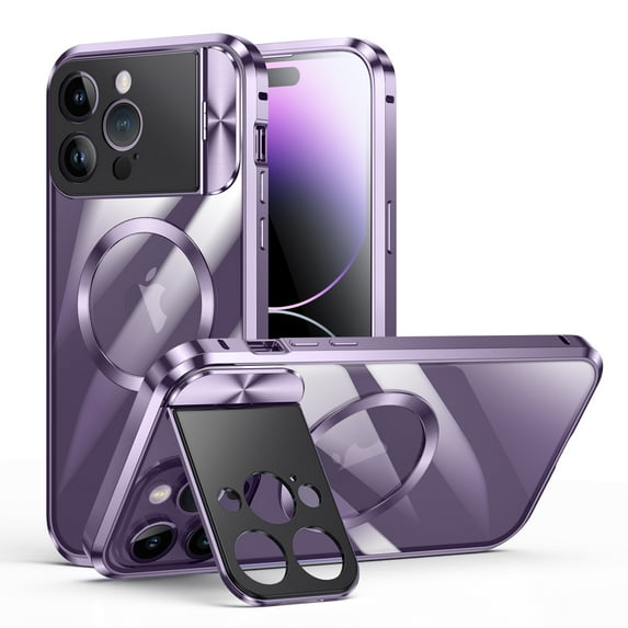 ELEHOLD Rugged Case for iPhone 13 Pro Metal Aluminium Alloy Frame Case with Full Camera Cover Stand Clear PC Back Compatible with Magsafe Military Grade Shockproof Magnetic Case,purple